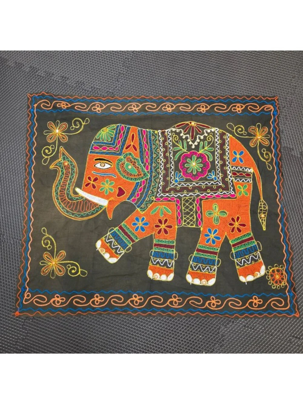 Indian Elephant Embroidered Testile Wall Hanging Mirror Work Boho Fold Art Decor